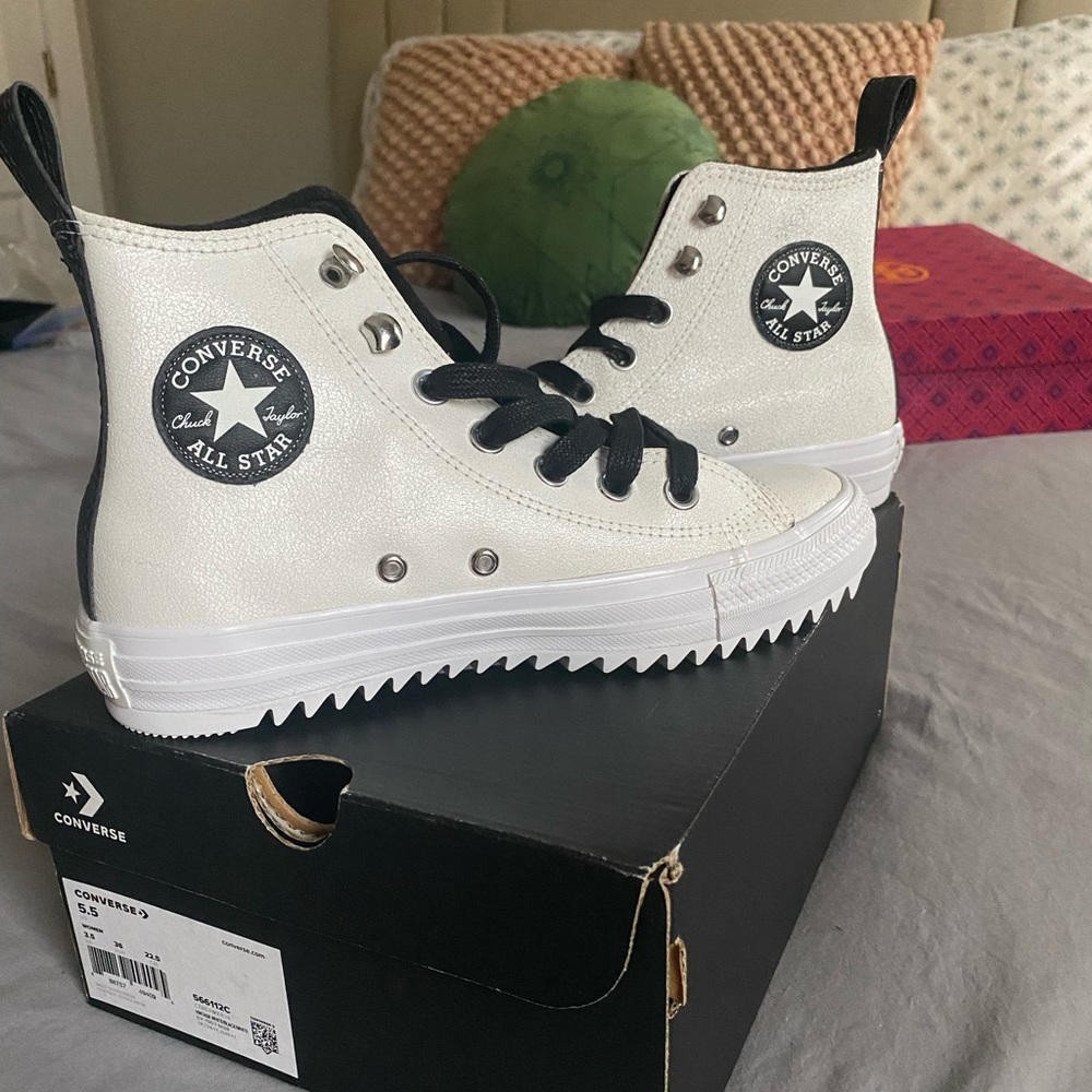Converse All Star Vintage Leather White Hi-Top Platform Rocker Y2K Streetwear